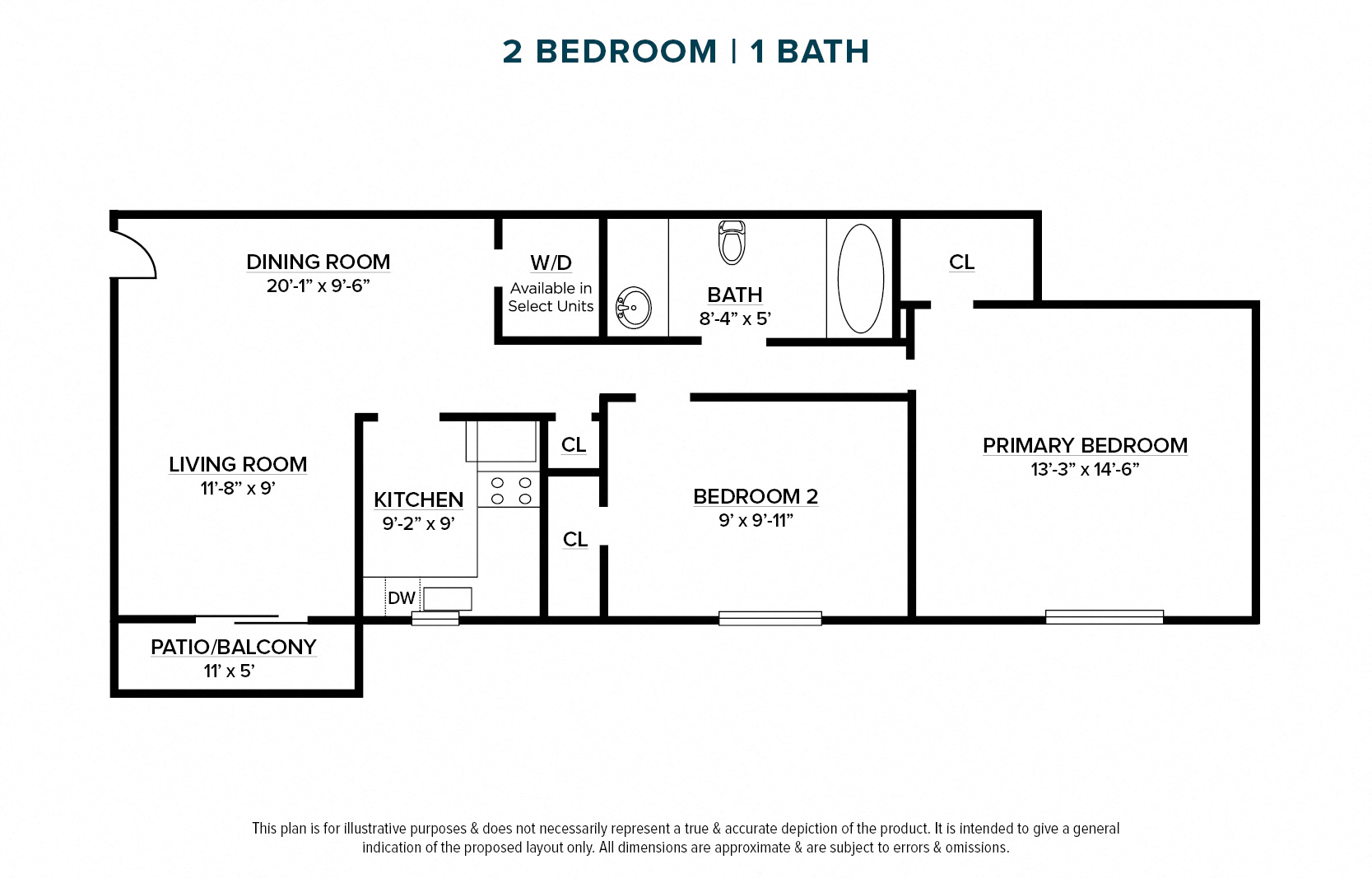Floor plan for 2 beds, 1 bath, 950 sqft